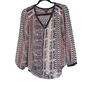 Lucky Brand Top Womens Medium Colorful Boho Sheer V Neck Long Sleeve Paisley